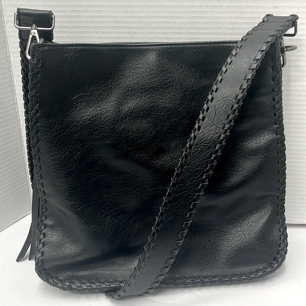 Antik Kraft Black Vegan Leather Shoulder Bag Purse Braided Trim W/Tassel Pockets